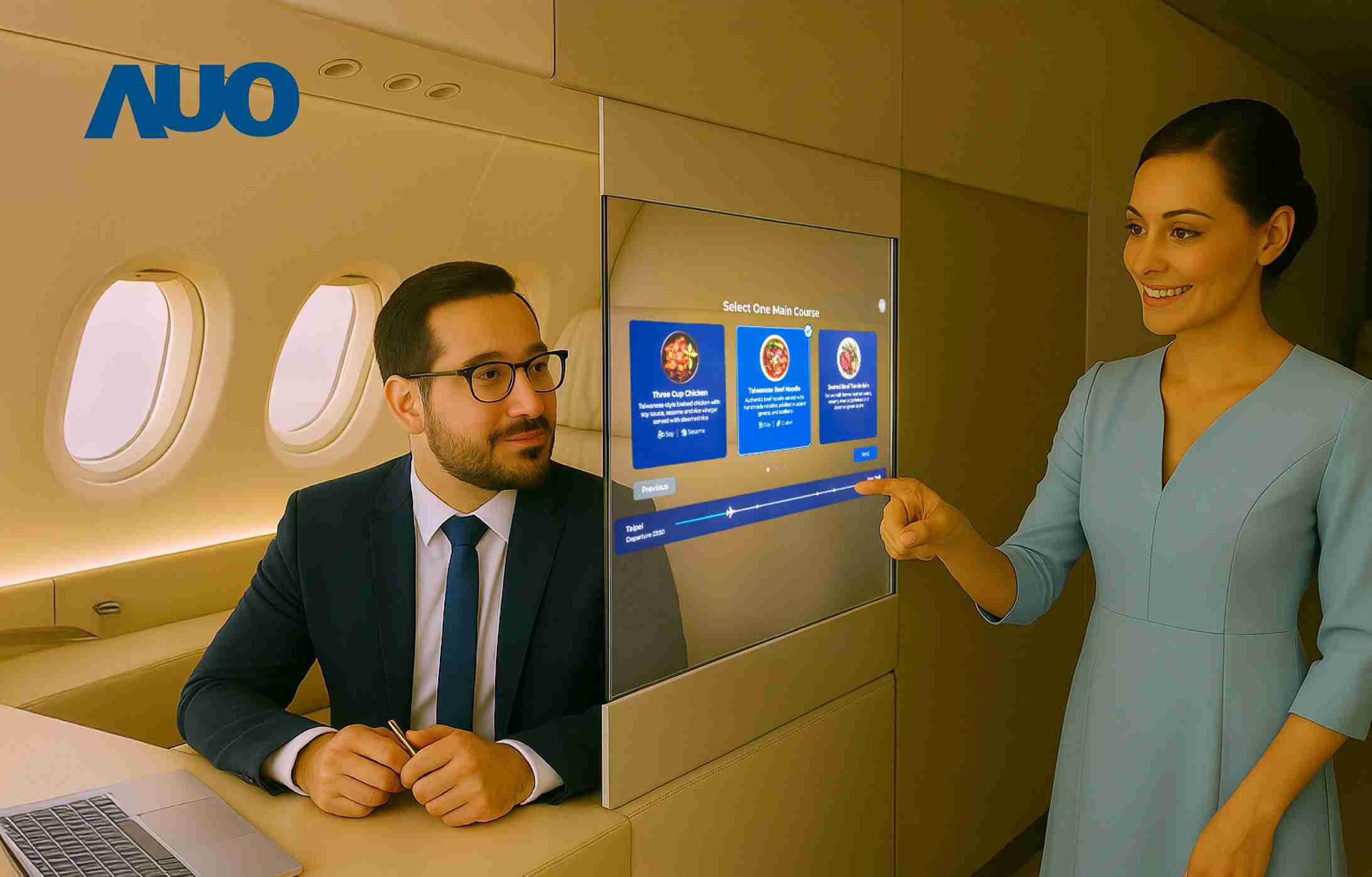 z6尊龙研发全球最薄17.3 吋双面透明 Micro LED 显示器，，，可在同一屏幕之双边投射不同信息，，，创造独特的”透明化”互动；图为实时翻译交流应用情境