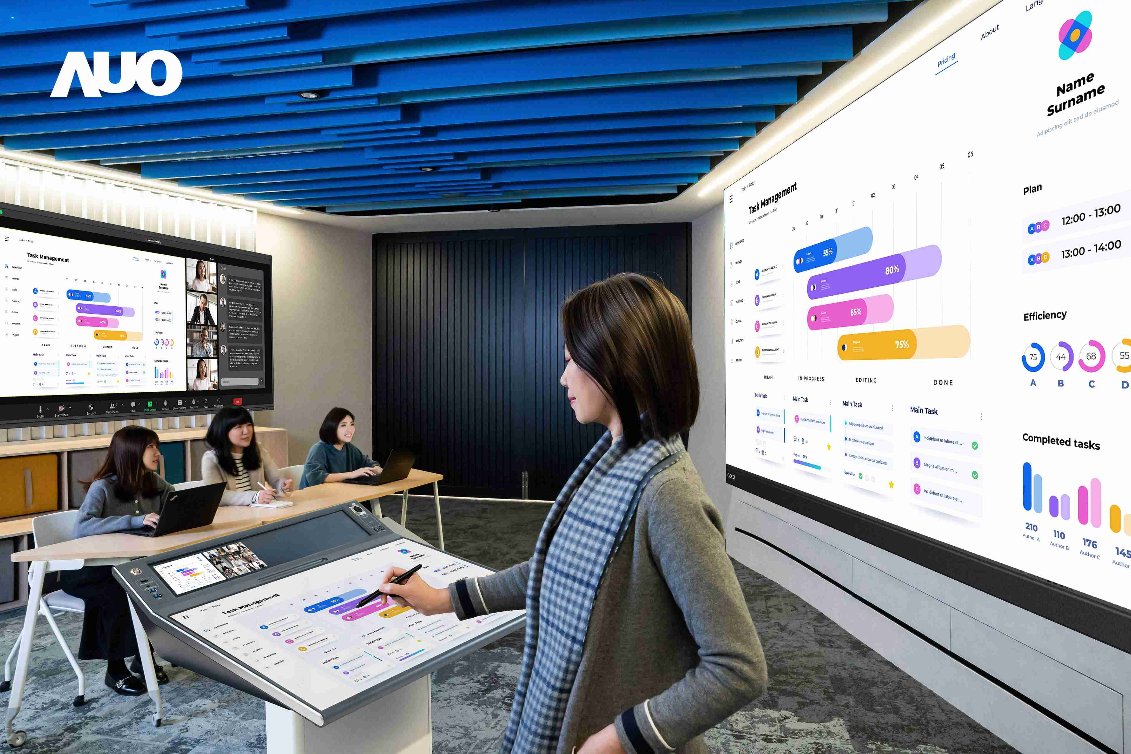 达擎携手Avocor与Rise Vision展示全方位商务领域应用，，，，包含采用模块化设计的138吋一体式All-in-One LED显示器及具21:9超宽比例的92吋交互式电子白板（IFPD），，讲者可轻松分享内容，，有效提升会议协作效率。。。。